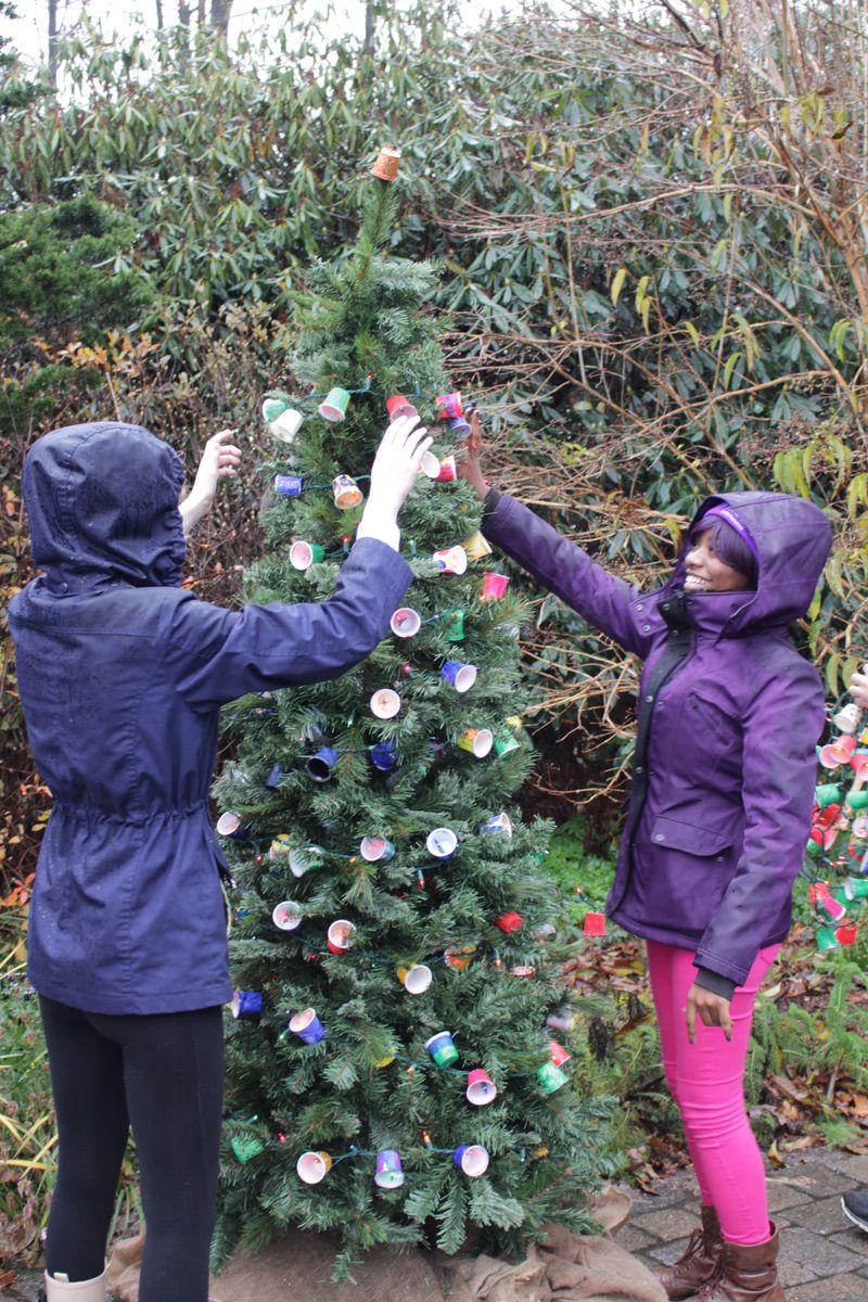 Students decorating a tree with KCups