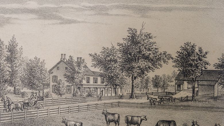 Illustration of the Pratt farm from an 1875 atlas of Delaware County.