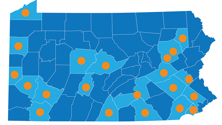 A map of the innovation hub locations across Pennsylvania