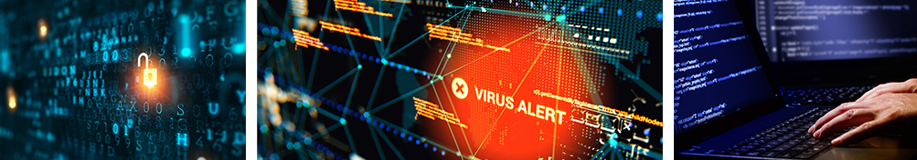 Computer screen images reading "virus alert."