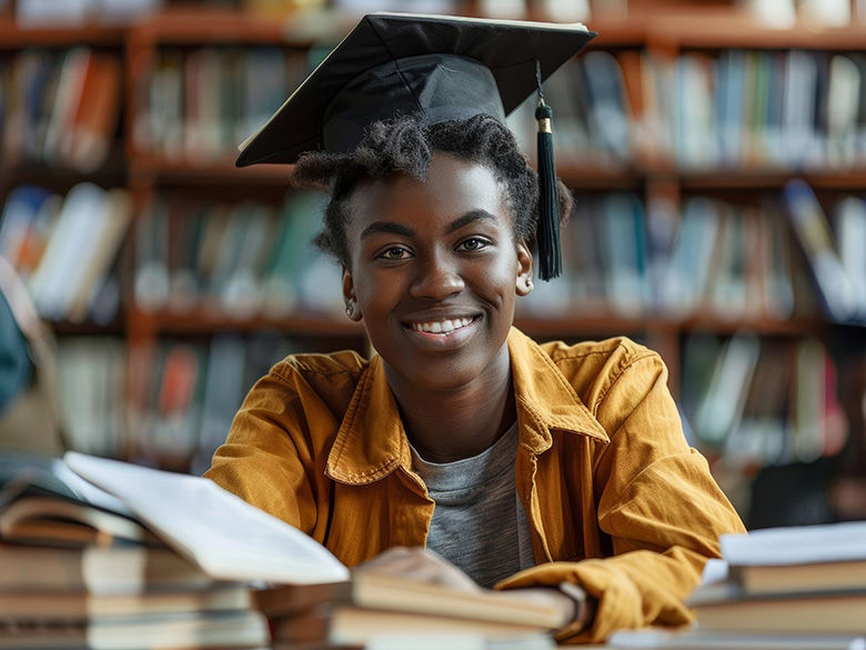 College student wearing a graduation cap and surrounded by books