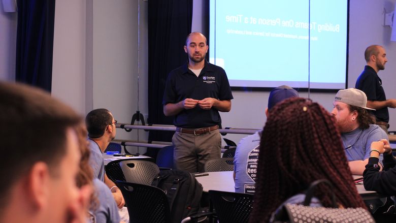 Penn State staff Matt Barone leads an educational session during the Summer Leadership Conference