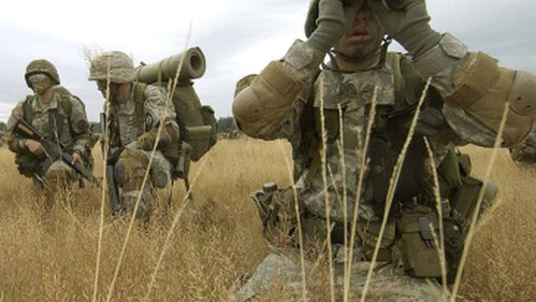 ROTC in a field with binoculars