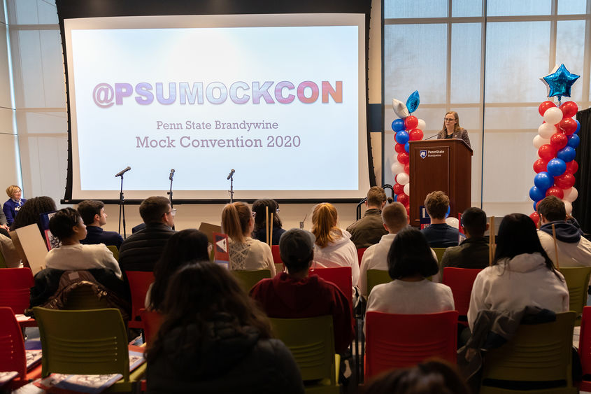 Pennsylvania Representative Jennifer O’Mara speaks at Penn State Brandywine's mock convention.